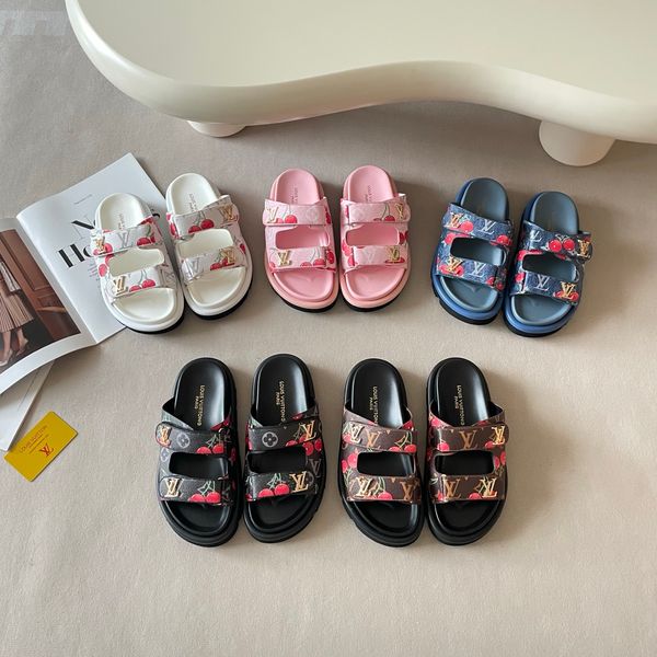 LV x TM Pool Pillow Flat Mule Cherry Print Platform Slide Sandals Women Adjustable Double Strap Metal Thick Sole Casual Outdoor Beach Couple Slippers Multiple colors