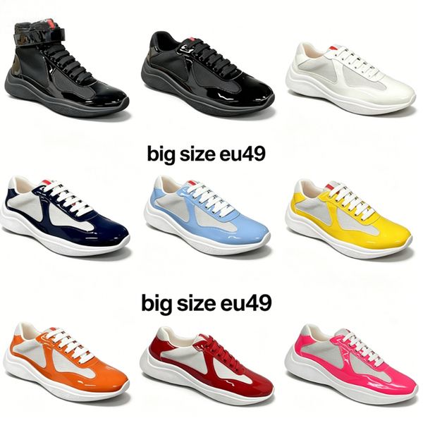 Designer Americas Cup Sneakers Mens Runner Flat Trainers Casual Shoes Patent Leather Black Blue Mesh Lace-Up Outdoor And Nylon Big Sze Eu49 53